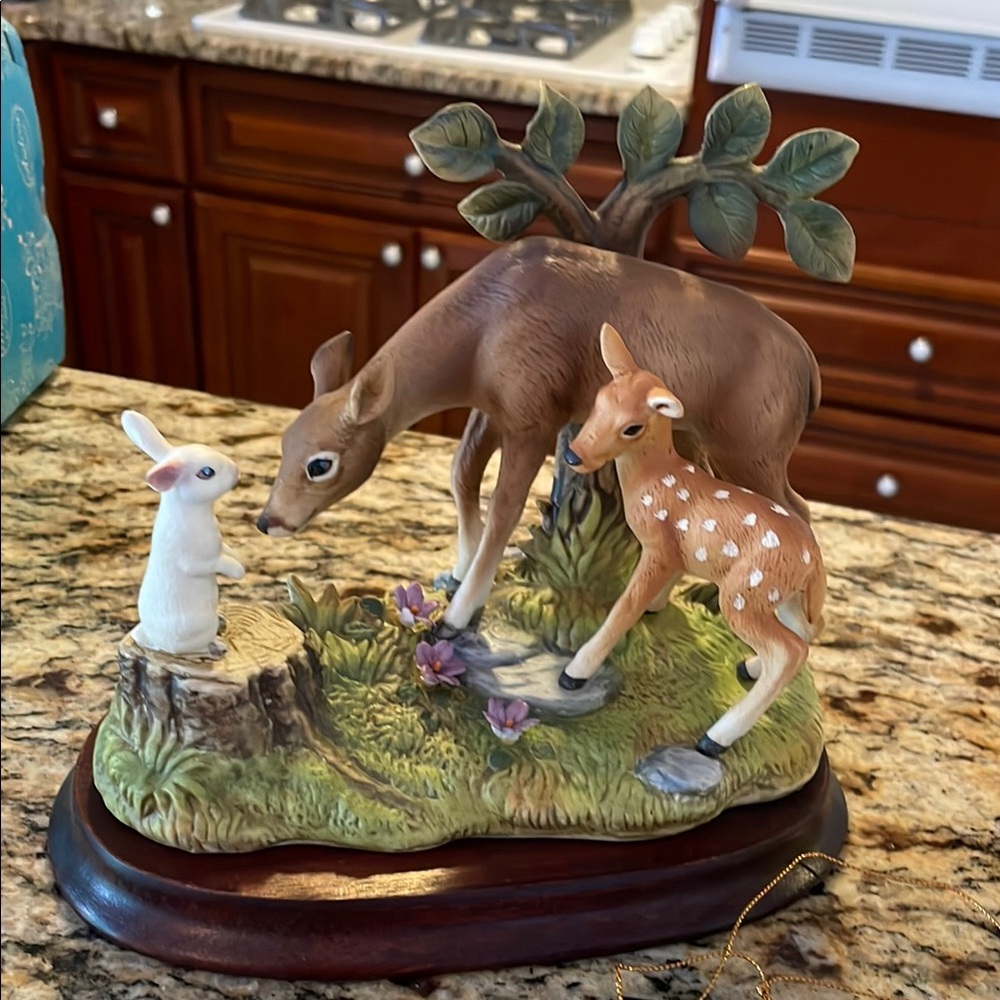 Andrea By Sadek Deer and Rabbit Ceramic Figurine - Brown and Green With Box